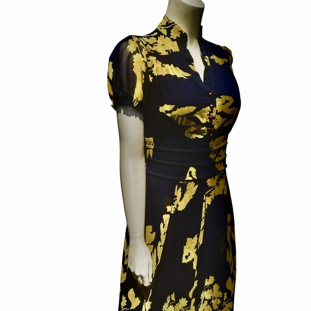 Marchesa Notte Maxi Dress 4 Navy Blue Yellow Flutter Bohemian Luxe Wedding Guest - Picture 4 of 16